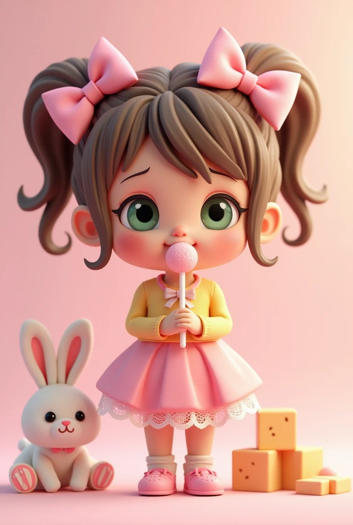 Kawaii, toddler girl, pink, pink bows, brown hair, green eyes, cute cartoon girl, lace, pastel yellow, Young ???, lollipop in mouth, baby blocks, stuffed animal bunny, pink skirt, yellow shirt, pink rainbow pastel background, high quality, 3d art