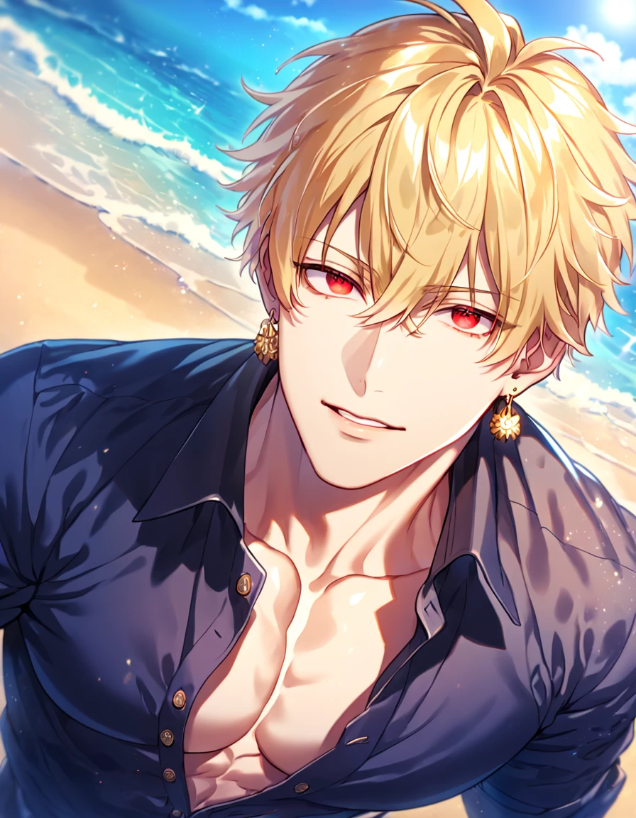 absurdres, highres, ultra detailed, HDR, master piece, best quality, detailed eyes, extremely detailed, delicated features, Gilgamesh, blonde hair, expressive red eyes, Fate Grand Order, solo, sexy man, handsome, manly man, sensual, dark blue shirt, unbuttoned shirt, white pants, golden earrings, magical, fantasy, sea, beach, blue sky