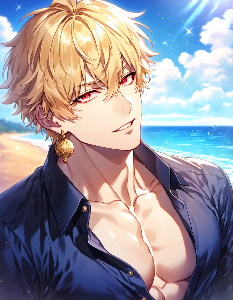 absurdres, highres, ultra detailed, HDR, master piece, best quality, detailed eyes, extremely detailed, delicated features, Gilgamesh, blonde hair, expressive red eyes, Fate Grand Order, solo, sexy man, handsome, manly man, sensual, dark blue shirt, unbuttoned shirt, golden earrings, magical, fantasy, sea, beach, blue sky