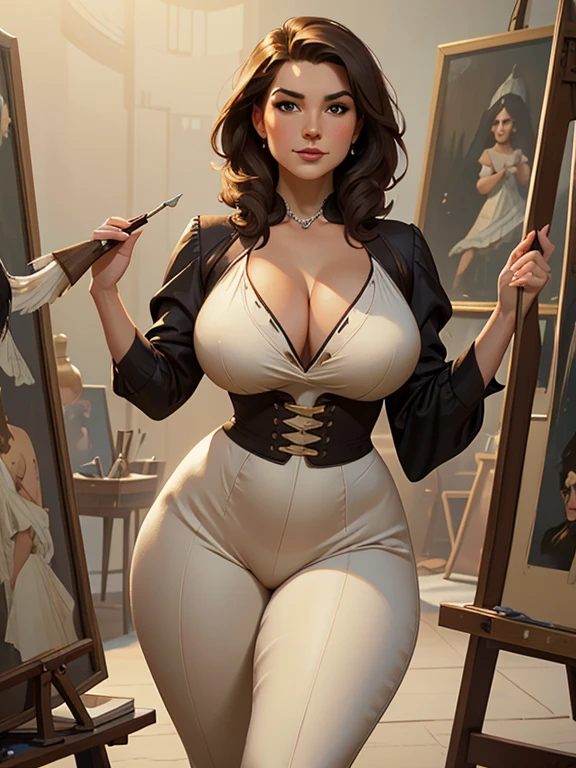 A beautiful woman with large elegant, hawk-like-nose, who embodies old fashioned class, sophistication, elgance as well as wholesome, natural beauty. curvy, chubby-waist, wide-hips, swaying-hips. In the combined styles of painters Greg Rutkowski, Thomas Kinkade
