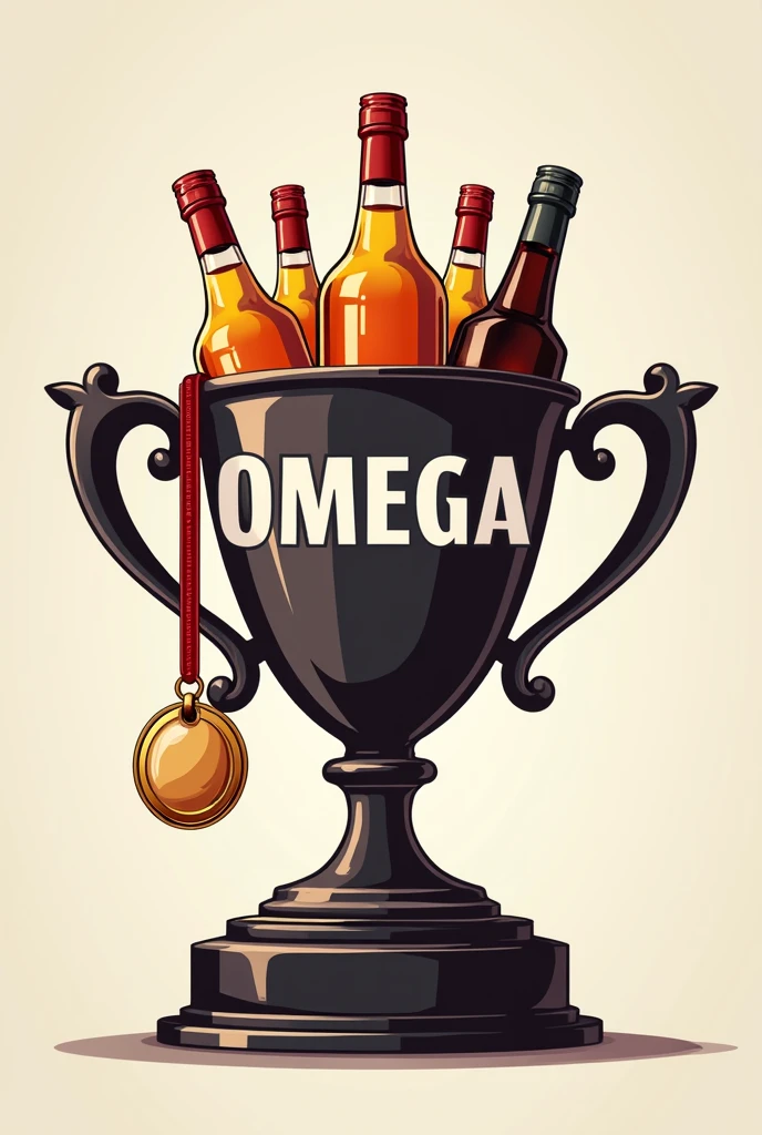 Make me a logo for a team called Omega. May you have a winner's cup filled with bottles of alcoholic beverages, a medal and that below in large size is written OMEGA