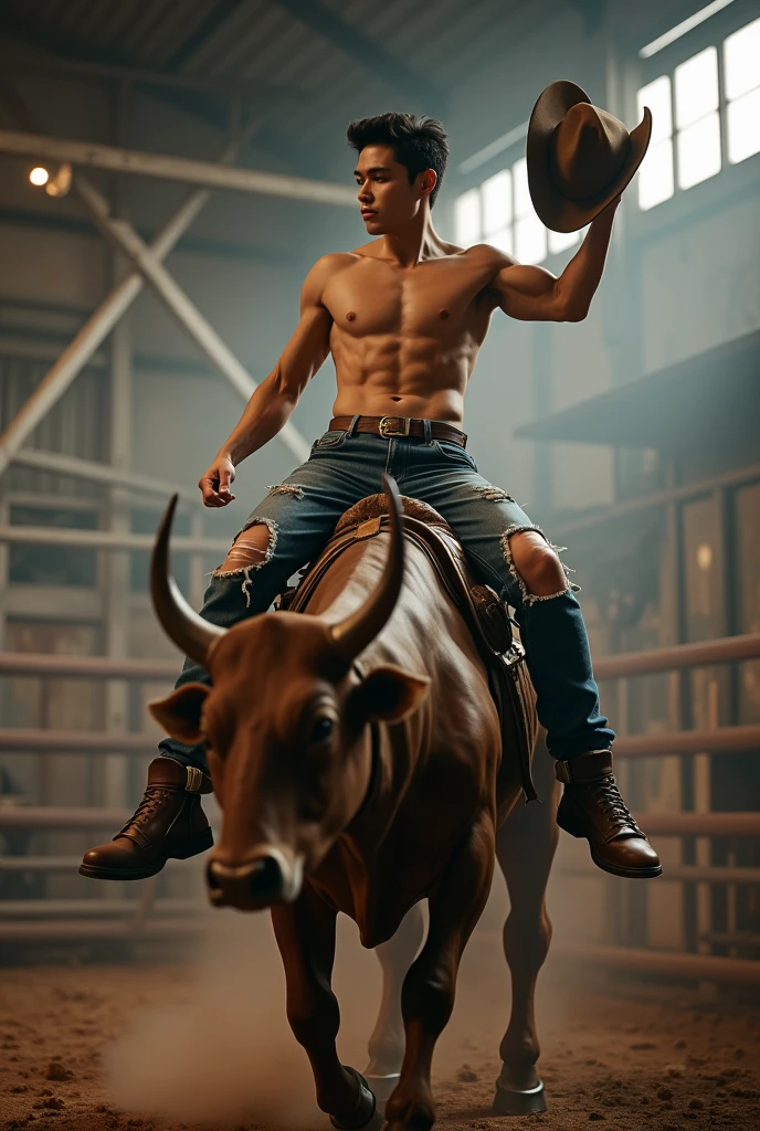 Beautiful Korean boy riding a mechanical bull shirtless and wearing ripped jeans and a cowboy hat in his hand