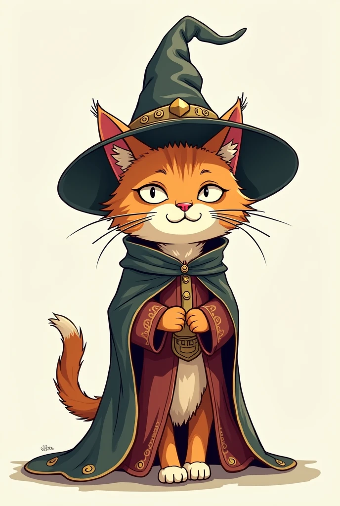 Very simple cat dressed as a medieval sorcerer cartoon