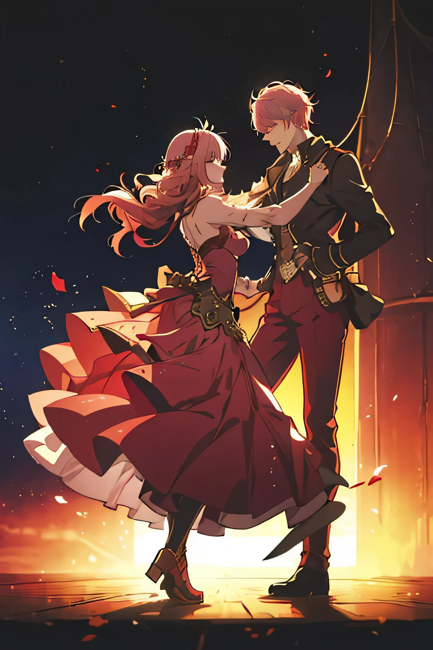 A girl dances with a boy. Rose gold hair. The young man has very long hair.. Scarlet eyes. Fantasy Clothing. trousers. steampunk.