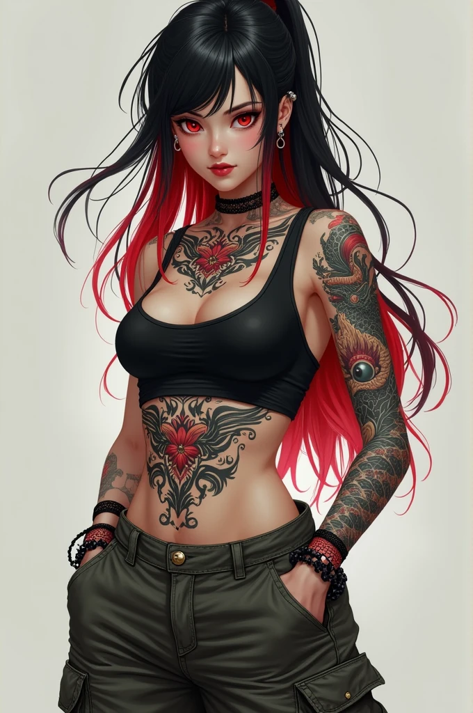 Appearance:
Height: approximately 1,78 m Hair: far away, black to the back, with a red streak Eyes: Intense and redClothes: Brown cargo pants, cropped preto, worn out sneakers Accessories: Language Piercing, aretes, dragon tattoos on neck and back, flower tattoo on waist Personality: Obsessed, possessive, jealous, seductive and sexy.