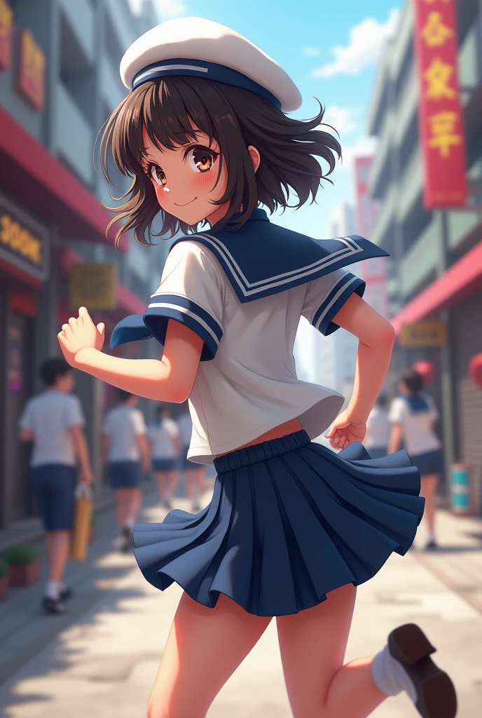 A girl in a sailor uniform runs past, looking back at me.