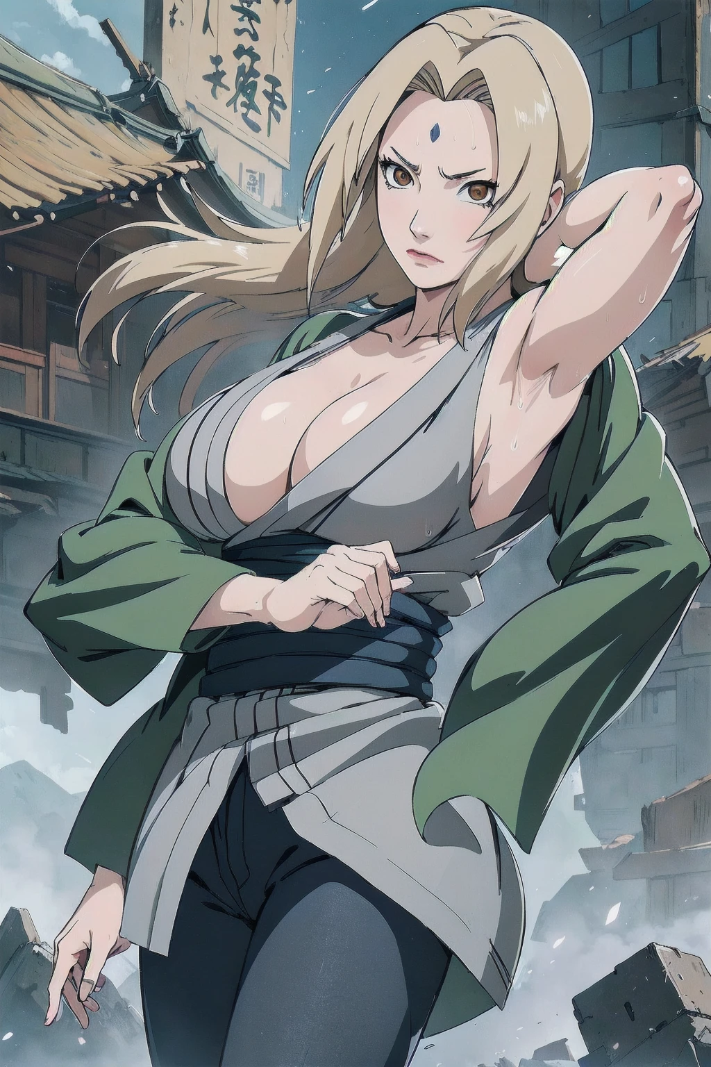 (masterpiece, highest quality:1.2), alone, One Girl, Tsunade Defense, Forehead mark, View your audience、((Battle Scenes、Fighting Pose、Sweat、Rocky area、wood、Clear sky、Ruined City、Spectators、Navy blue pants、Green haori、No sleeve、Torn clothes、Large areola、chest))、Beautiful girl with beautiful details, Professional photography illumination, Highly detailed eyes and face, Beautiful eyes in every detail、Beautiful detailed hair, Beautiful and exquisite cold face、アニメ、((No sleeve、Armpit))