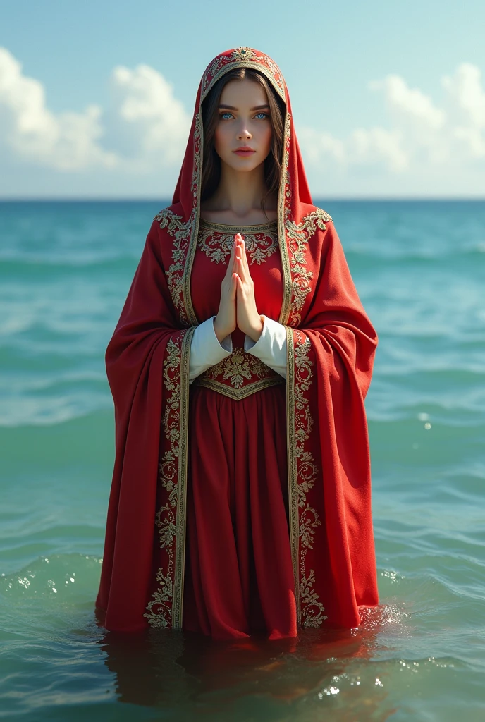 Perfect hand 5 finger, Portrait of a beautiful virgin mary wearing red clothes of queen in the sea, virgin mary, real blue eyes, sunny day, intricate details.real virgin mary, straight head face, Straight body.Prayer jesus, perfect full body, perfect hands finger,Prayer virgin mary, praying virgin mary backgrounds natural photographic