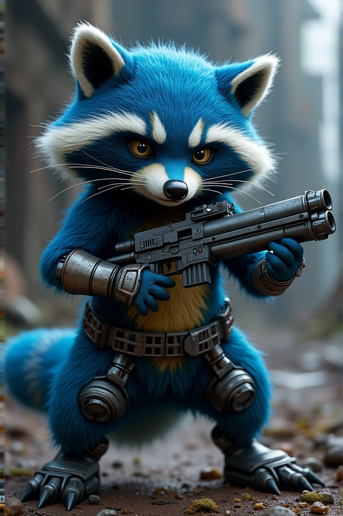 Make a character that looks like Rocket Raccoon from Guardians of the Galaxy, but with blue hair, a mechanical leg, holding two super technological weapons making an evil face