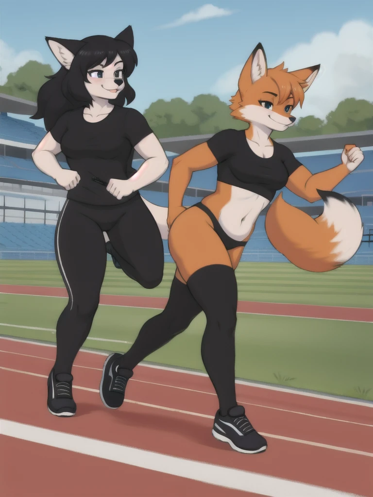 Furry, fox, female, black shirt, black leggings, shoes, running track, friends, full body