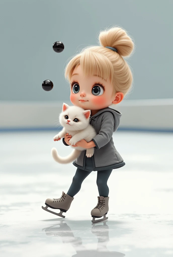  6 year old white, dark blonde hair in a bun on top of the head, no bangs and pulled hair. it&#39;s for skating no on. gray blue eyes. Holding a white and white kitten and two black balls above its mouth.