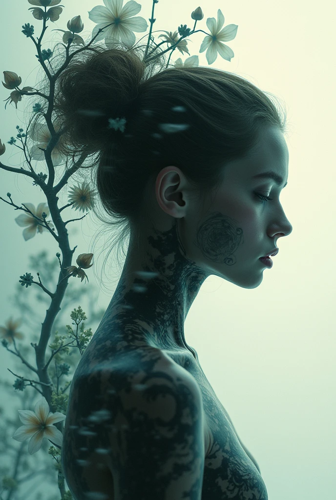 editorial photography,super detailed background,Super realistic,double exposure,depth of field,beauty super slender skinny vibes,soft focus dark tone,narrative scene,acrylic paint,high-contrast multilayer structure cyborg,portrait photo,from below,wabi-sabi,