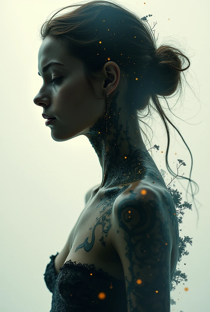 editorial photography,super detailed background,Super realistic,double exposure,depth of field,beauty super slender skinny vibes,soft focus dark tone,narrative scene,acrylic paint,high-contrast multilayer structure cyborg,portrait photo,from below,wabi-sabi,