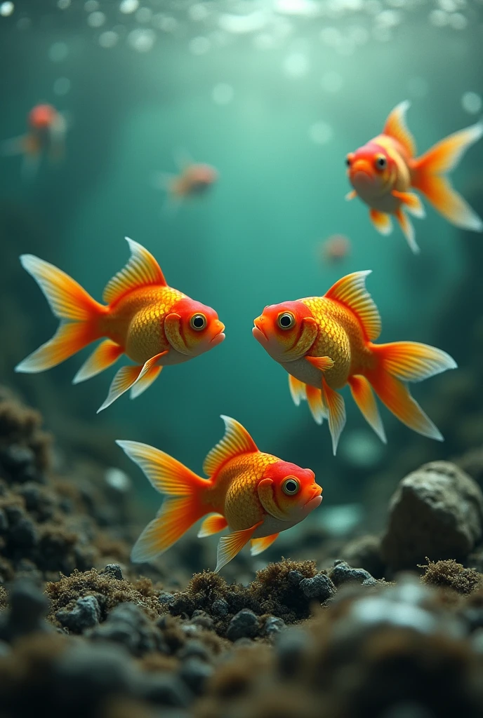 A group of goldfish looking at each other in a dirty sea full of garbage