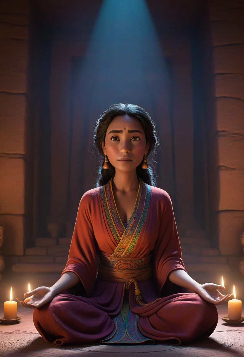 A Pixar-styled ,shawt, meditates serenely in a shadowy chamber, wisps of incense smoke coiling around her vibrant robes. Warm, flickering candlelight bathes the scene, casting dancing shadows on intricate tribal artifacts. Her expression radiates inner peace and ancient wisdom.