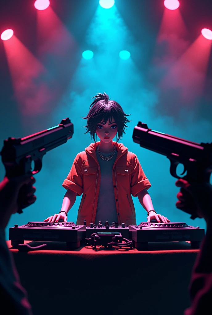 I would like an image that says "DJ TOVA MALEANTEO" WITH AN ANIMATED DJ ON A TURNTABLE AND GUNS IN THE BACKGROUND 