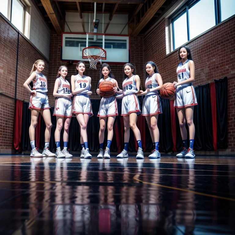 SFW, ExtremelyDetailed (((Basketball Team Girls in a row:1.4))), Childish perfect face, Reflective Eyes, Detailed(Delicate Clothing textures), Corrected Leg to Foot Line, Corrected Perfect Hand, Dynamic Joyful Expressions LifeLike Rendering, ((Specular Reflection:1.28)), mirrors, TopQuality 8K Ultra-detailed masterpiece (ProfessionalPhoto:1.37)(Acutance:0.8),(Luminism:1.22),