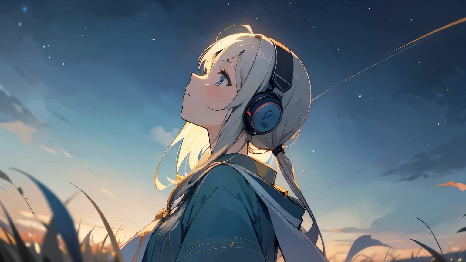 Looking up at the starry sky on the grassland、Beautiful girl listening to music through headphones、Japanese anime style、From the side