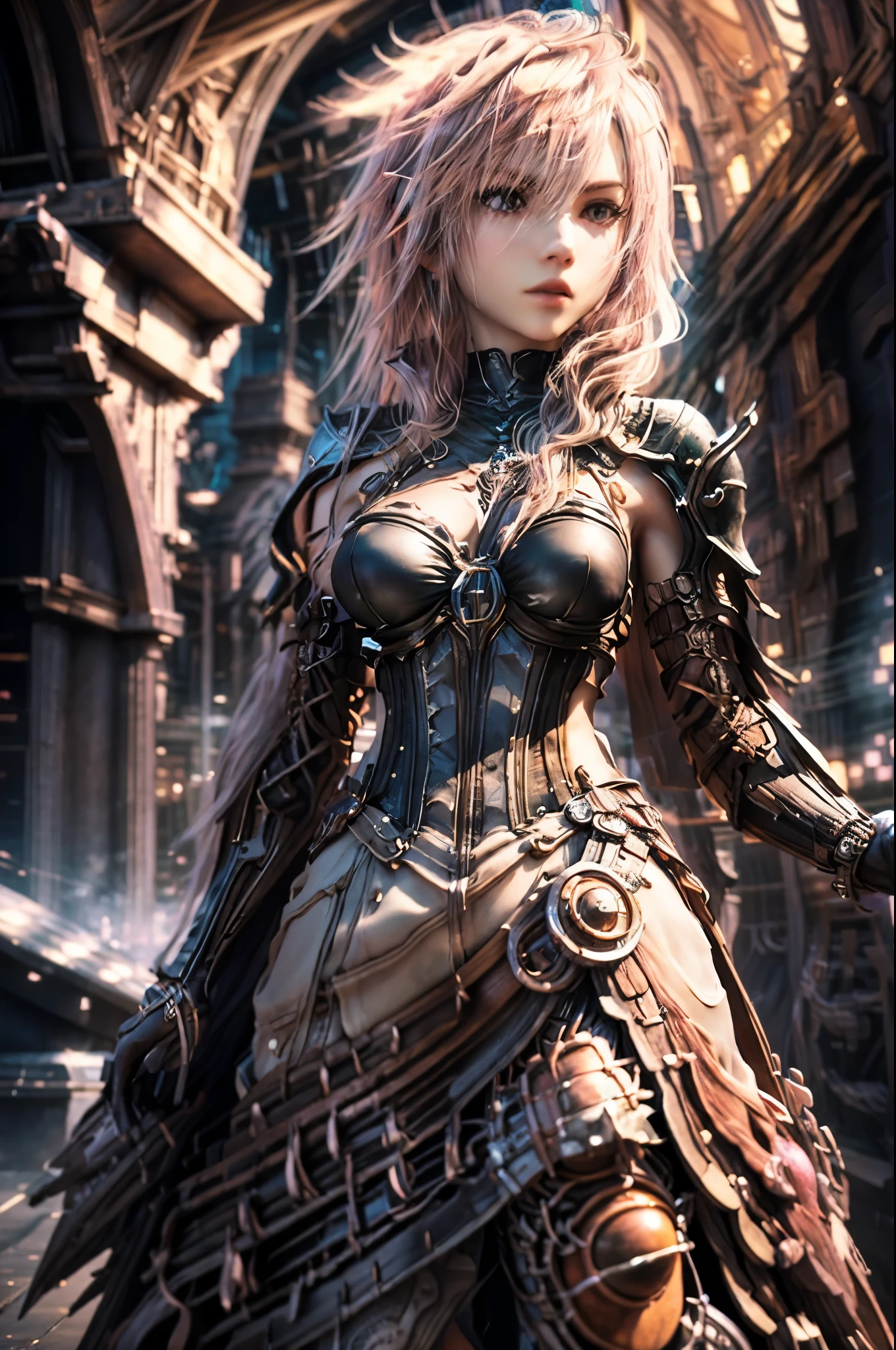 masterpiece, best quality, extremely detailed CG unity 8k wallpaper, Final Fantasy, Lightning, Cool woman, Black detailed cyberpunk long coat, black long skirt dress, The background is a realistic cityscape, Anatomical Hand, Realistic texture, bokeh photography, (soft focus):1.2, out-of-focus highlights, dreamy ambiance, glowing circles, mesmerizing depth, Depth of subject