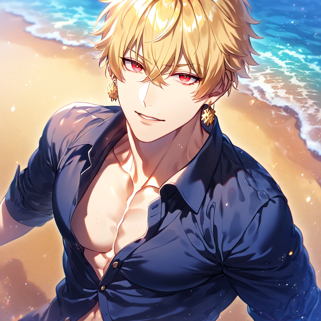absurdres, highres, ultra detailed, HDR, master piece, best quality, detailed eyes, extremely detailed, delicated features, Gilgamesh, blonde hair, expressive red eyes, Fate Grand Order, solo, sexy man, handsome, manly man, sensual, dark blue shirt, unbuttoned shirt, golden earrings, magical, fantasy, sea, beach, blue sky