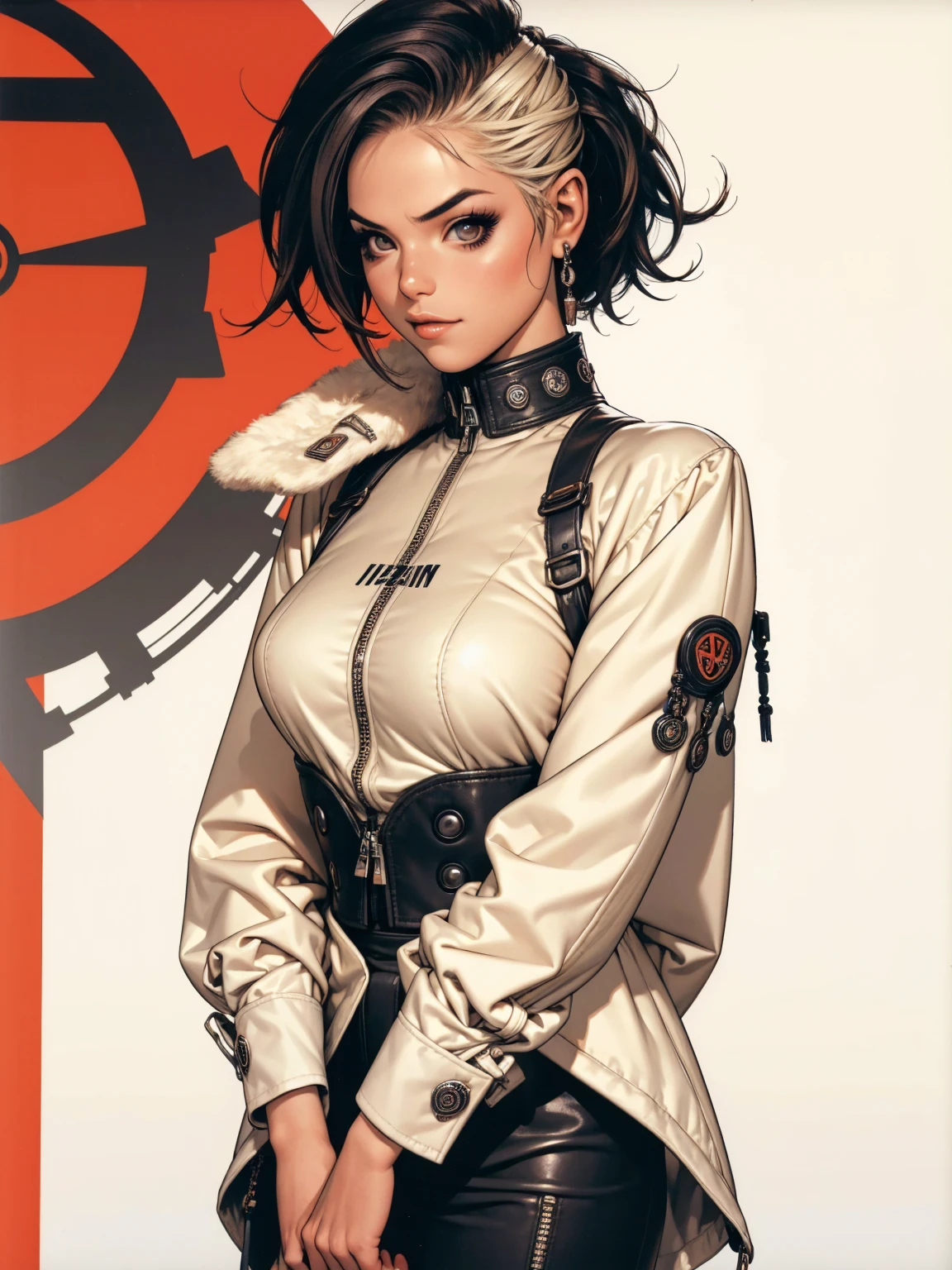 (((best qualityer))), (((manga strokes))), a young girl beautifully dressed in modern winter clothes, pants with red and black zig-zag pattern, top gift vertical stripes, short jacket with dark fur collar, beautiful and expressive face, slightly-smile, big eyes with long black eyelashes, heavy make-up, chains and zippers spread across clothes, contrasting colours, pose de atitude, hair with a modern and futuristic cut, urban game poster art, dramatic camera angles, graffiti art elements in the background, design mixing contemporary and retro by Shepard Fairey, (((cowboy shot)))
