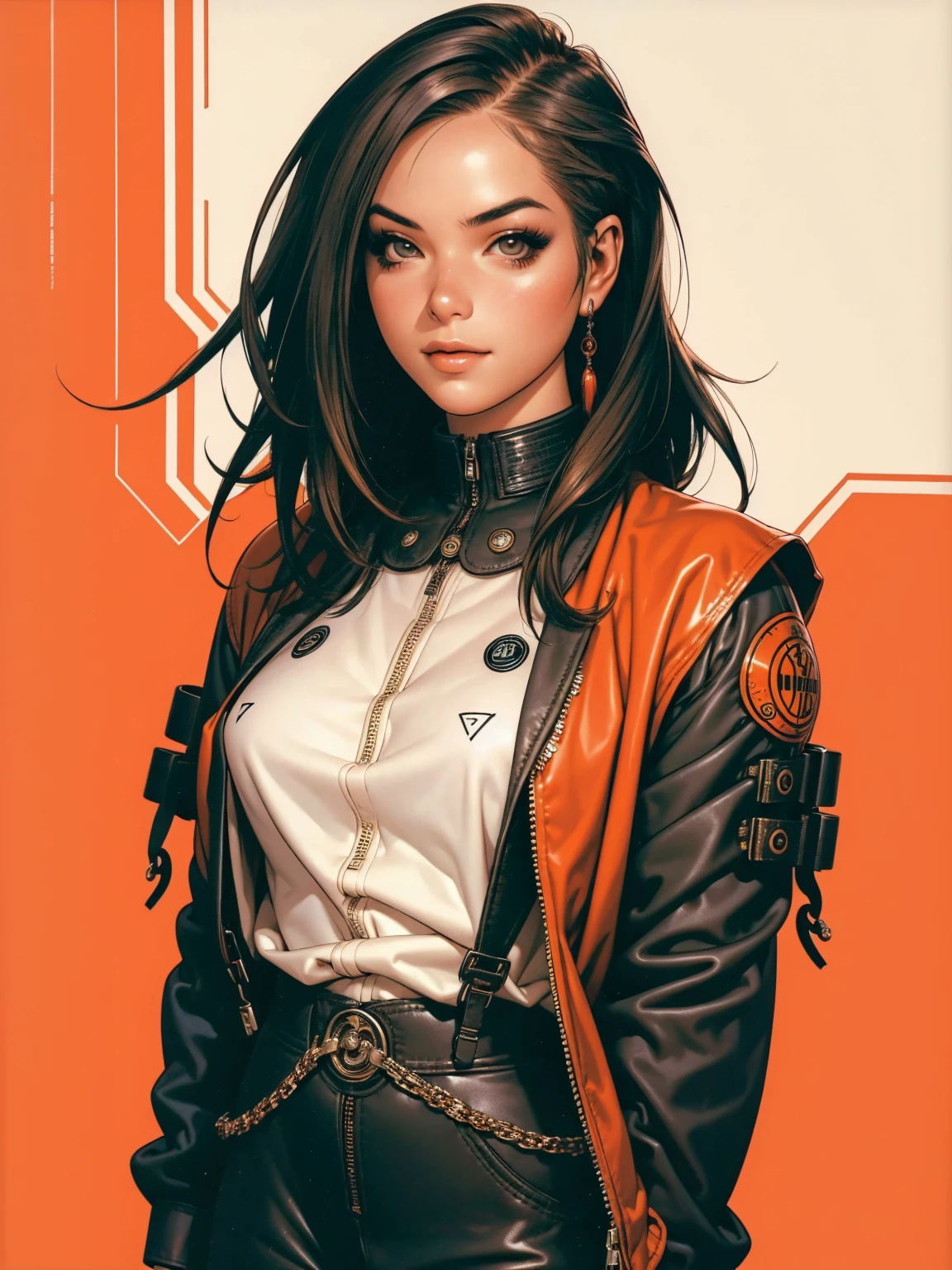 (((best qualityer))), (((manga strokes))), a young girl beautifully dressed in modern winter clothes, pants with red and black zig-zag pattern, top gift vertical stripes, short jacket with dark fur collar, beautiful and expressive face, slightly-smile, big eyes with long black eyelashes, heavy make-up, chains and zippers spread across clothes, contrasting colours, pose de atitude, hair with a modern and futuristic cut, urban game poster art, dramatic camera angles, graffiti art elements in the background, design mixing contemporary and retro by Shepard Fairey, (((cowboy shot)))