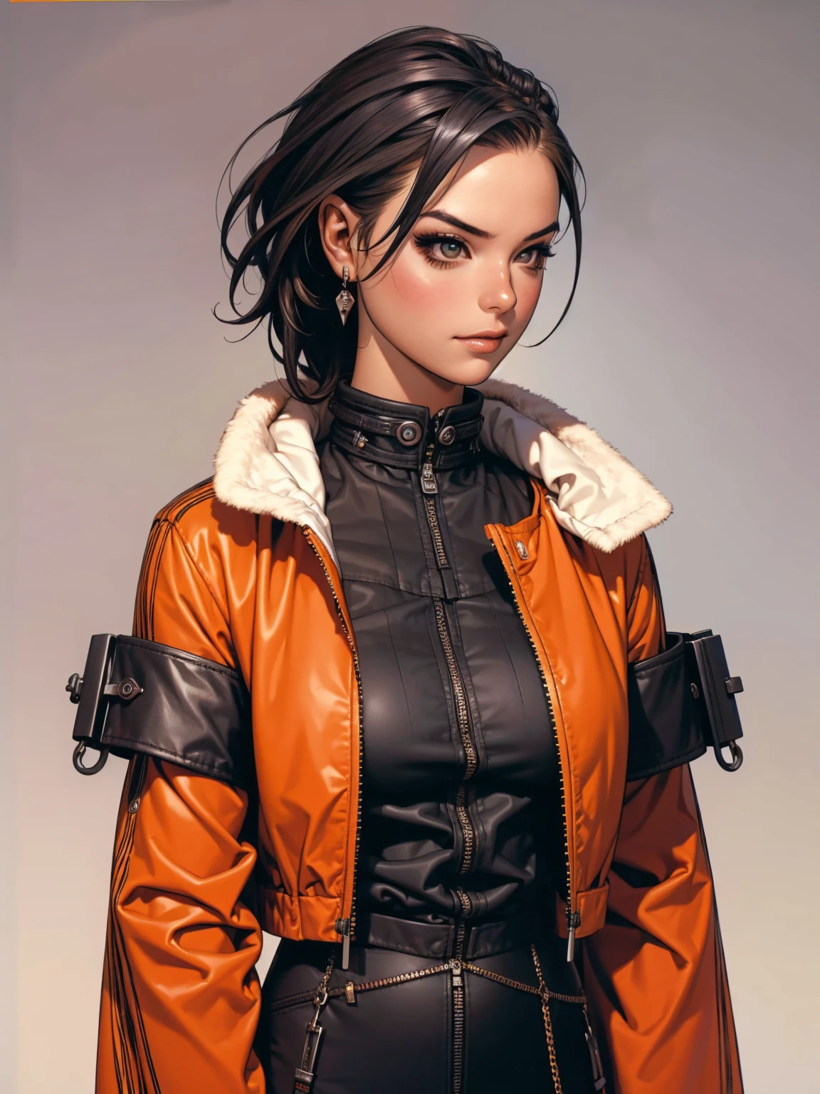 (((best qualityer))), (((manga strokes))), a young girl beautifully dressed in modern winter clothes, pants with red and black zig-zag pattern, top gift vertical stripes, short jacket with dark fur collar, beautiful and expressive face, slightly-smile, big eyes with long black eyelashes, heavy make-up, chains and zippers spread across clothes, contrasting colours, pose de atitude, hair with a modern and futuristic cut, urban game poster art, dramatic camera angles, graffiti art elements in the background, design mixing contemporary and retro by Shepard Fairey, (((cowboy shot)))
