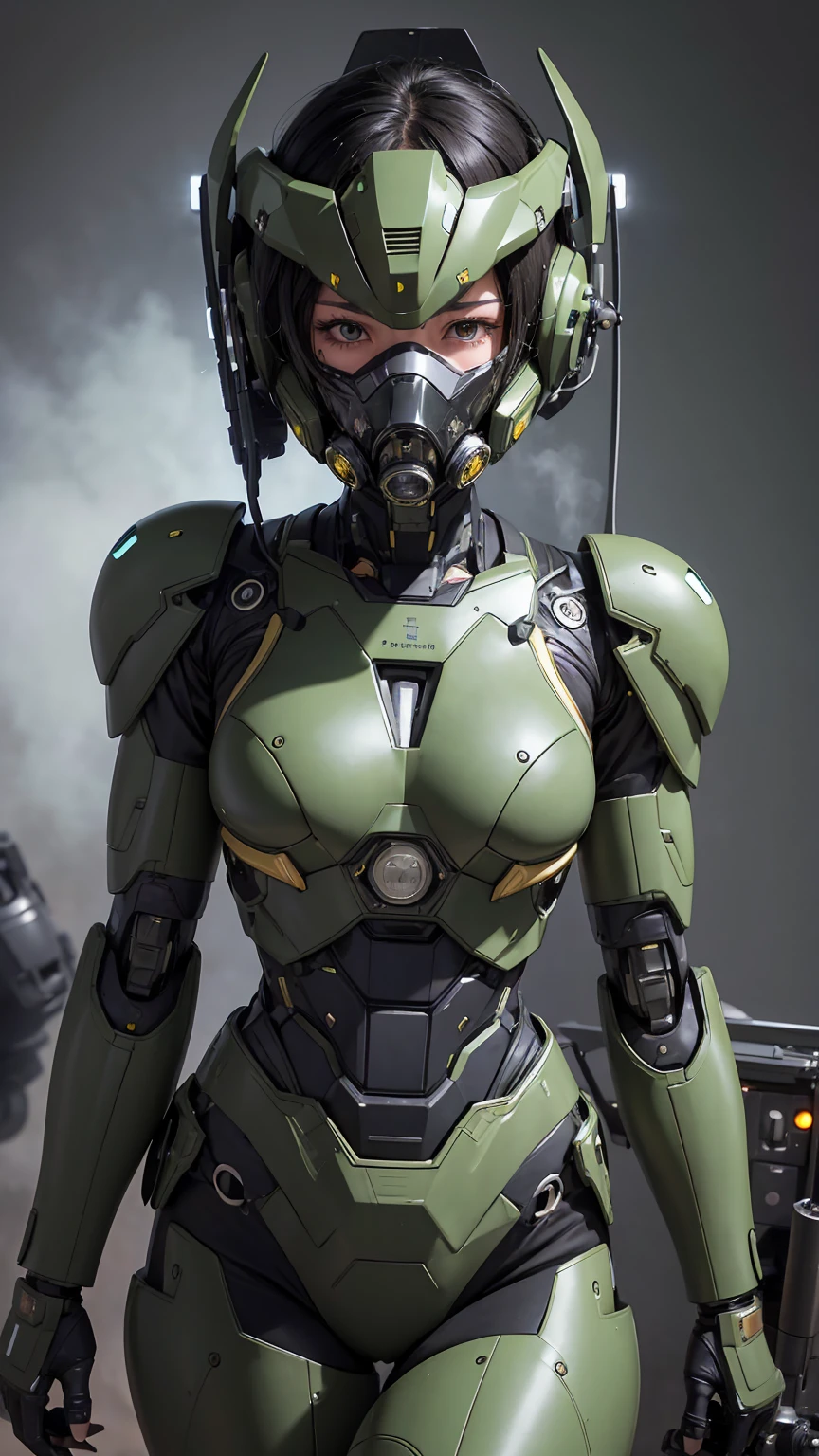 High quality and extremely detailed, Advanced Details, high quality, 最high quality, High resolution, 1080P, hard disk, beautiful,(War Machine),(Snug-fitting headgear),See the big picture,Beautiful cyborg woman,Dark Green Mecha Cyborg Girl,Battle Mode,Mecha Body Girl　8k dark green body armor　girl　Sweaty face　Droopy eyes　short hair　Gas mask with extension nozzle　boyish　Steam coming out of my head　My hair is wet with sweat　Black Hair, Steam coming out of the mouth　Lying in bed　The skin under the face is not exposed　Full body portrait　I can see the vagina　Whimpering　Horror Front