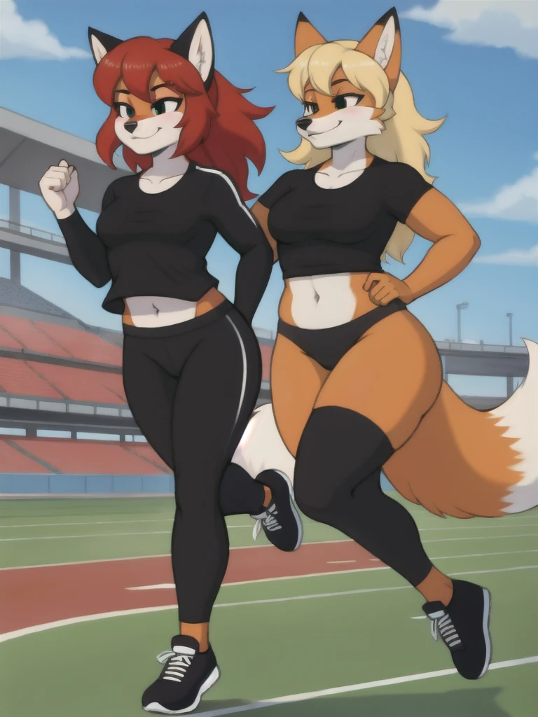 Furry, fox, female, black shirt, black leggings, shoes, running track, friends, full body