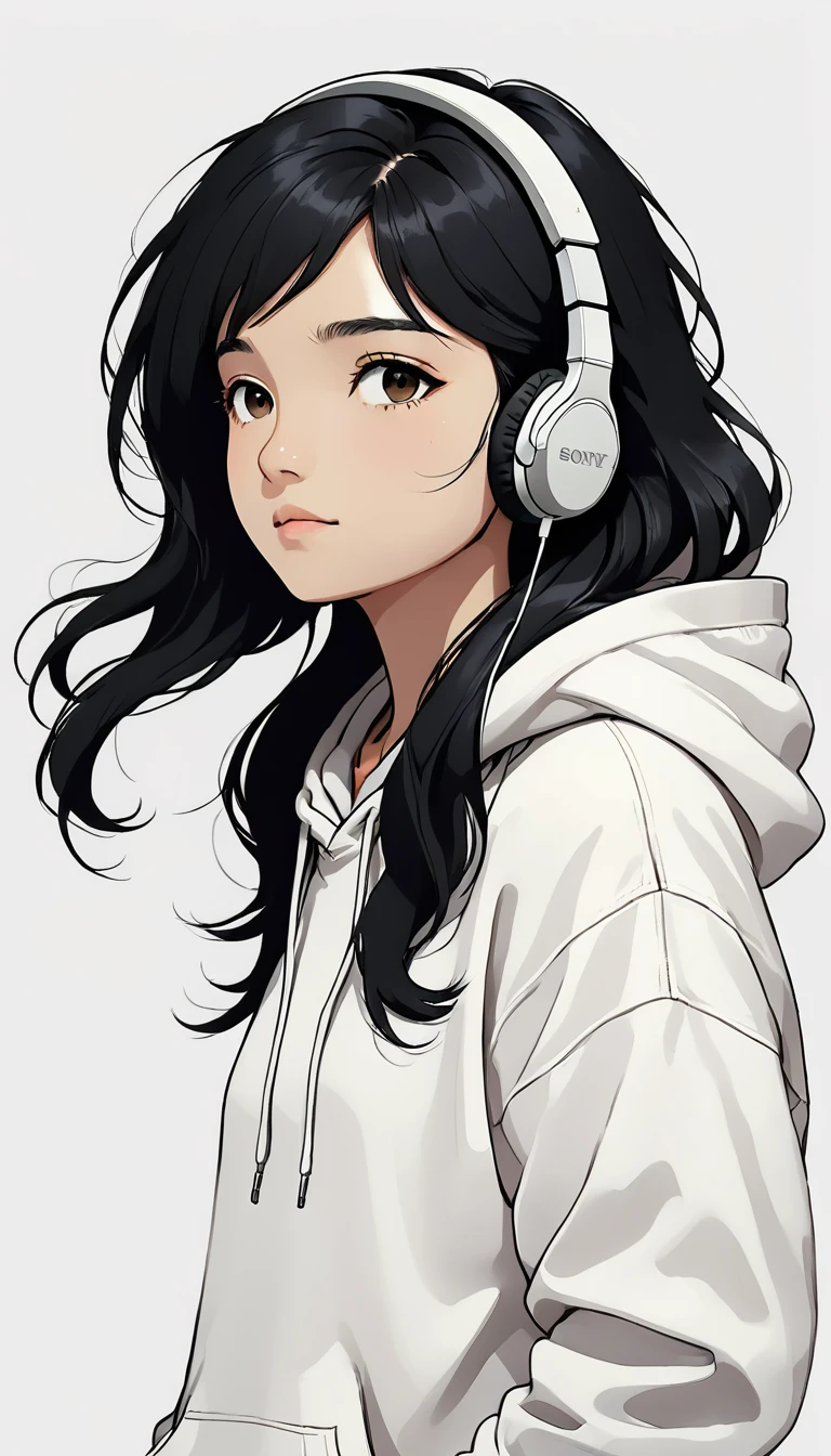 Headphones、Sony、Black Hair、Indian、Close ~ eyes、White hoodie、Upper Body、Simple Background、Girl、
