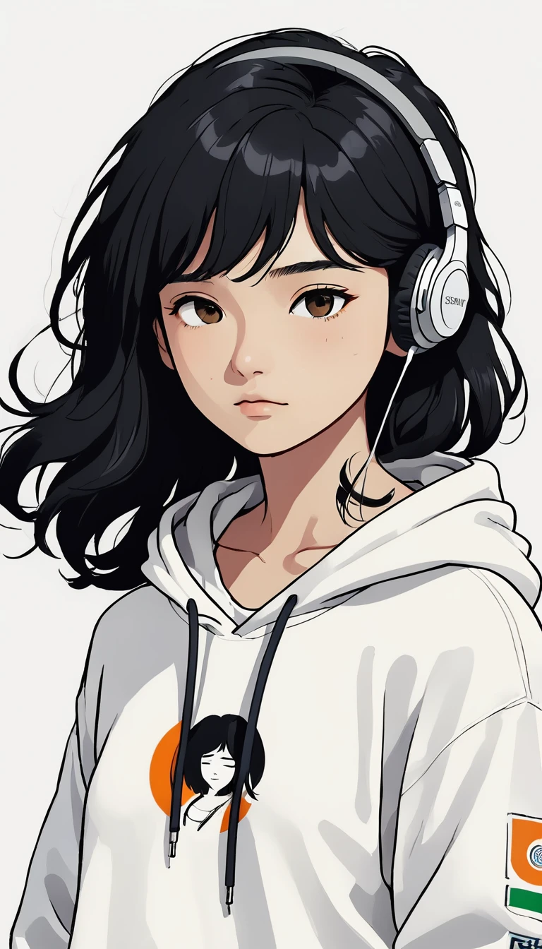 Headphones、Sony、Black Hair、Indian、Close ~ eyes、White hoodie、Upper Body、Simple Background、Girl、