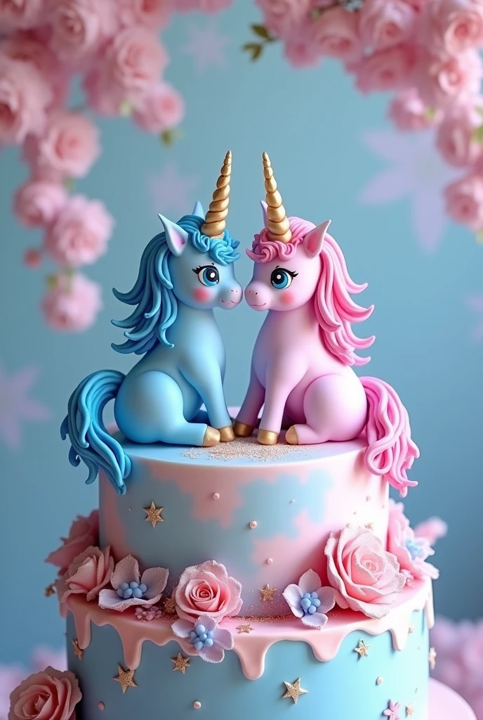 Blue and pink unicorn themed cake