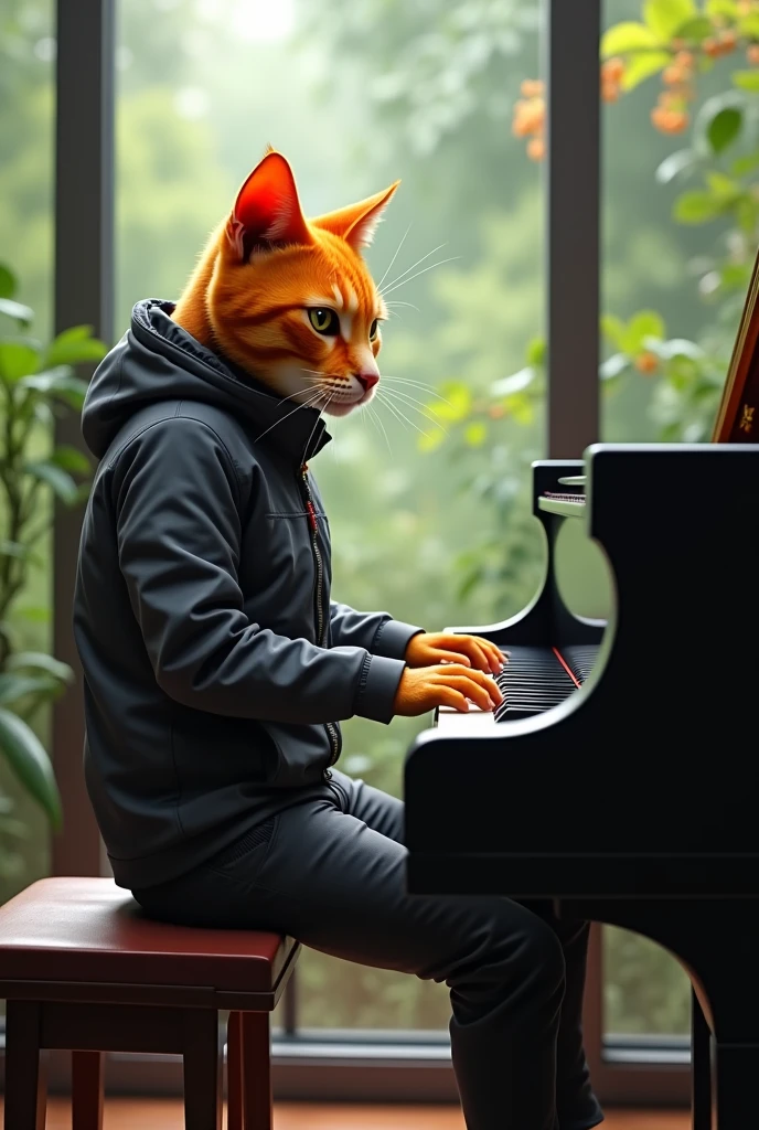 Young orange humanoid cat playing a song in front of a professional piano ,sitting in front of a window through which you can see an interior garden ,,has a black or grey waterproof urban warm jacket , he is playing the piano...