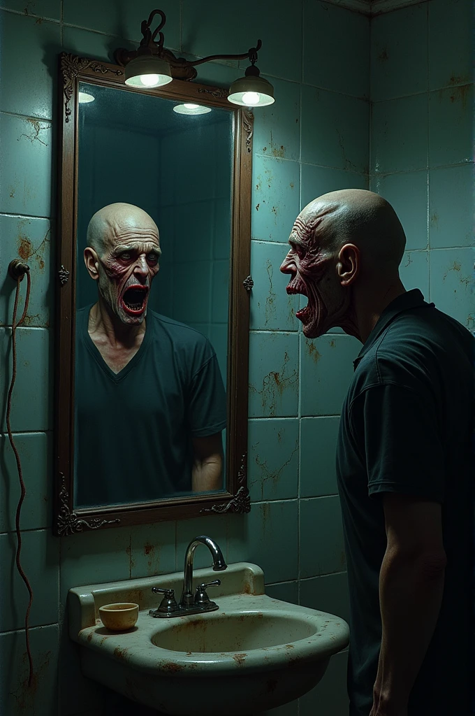 [Elias, a 45 year old man, Facing his reflection, who has become a monstrous figure.] Create an image for a graphic novel 