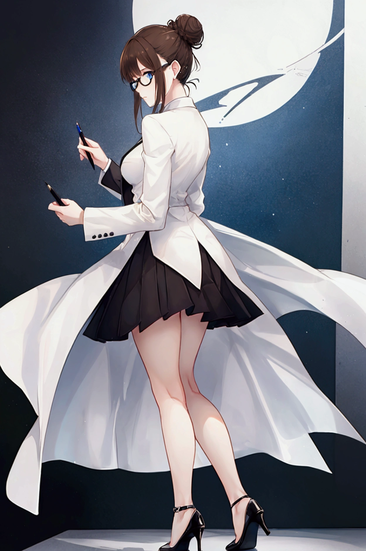 ((1 woman)) ((From behind pose holding a pen)) she has brown hair tied on a bun, bangs, hazel eyes, a white coat, blue shirt, black straight skirt, black high heels, black glasses