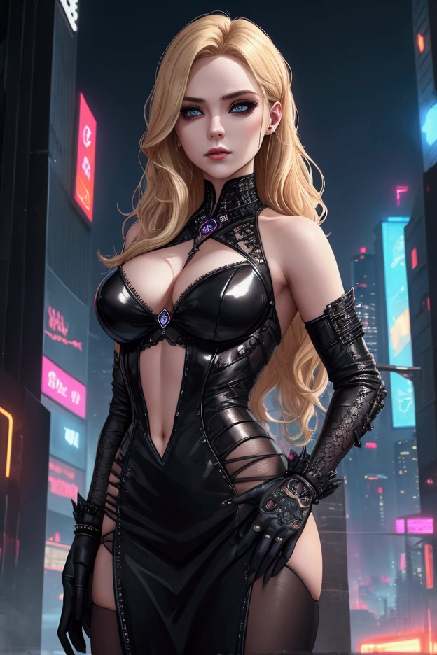 Gothic woman, blonde, background cyberpunk city, sexly, seminua