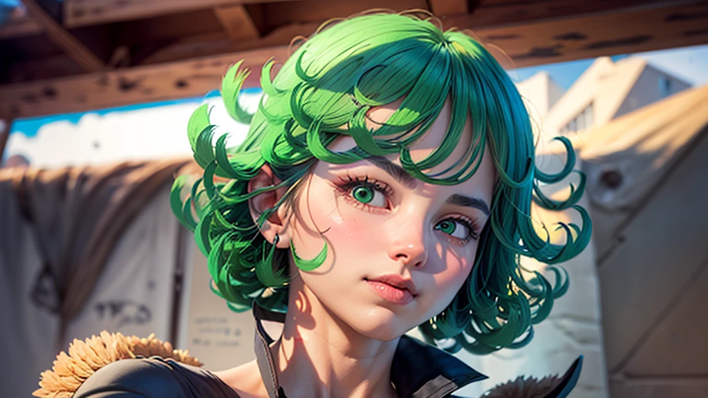 (work of art, best qualityer:1.4), (whole body), 1 girl, standing alone, out, in a desert with sand and dust, tatsumaki, (pelvic curtain:1.2), long sleeves, black gown, (hair green), shorth hair, medium breasts, beautiful smiling, beautiful face, high-detailed face, highly-detailed eyes, highly detailed skin, skin pore, (((floating with a green aura))), underground dispersal, realisitic pupils, full-face blush, fleshy lips, Depth of field, volumetric lighting, sharp focus, absurderes, realisitic proportions, good anatomy, (realisitic, hyperrealisitic:1.4), 16k hdr