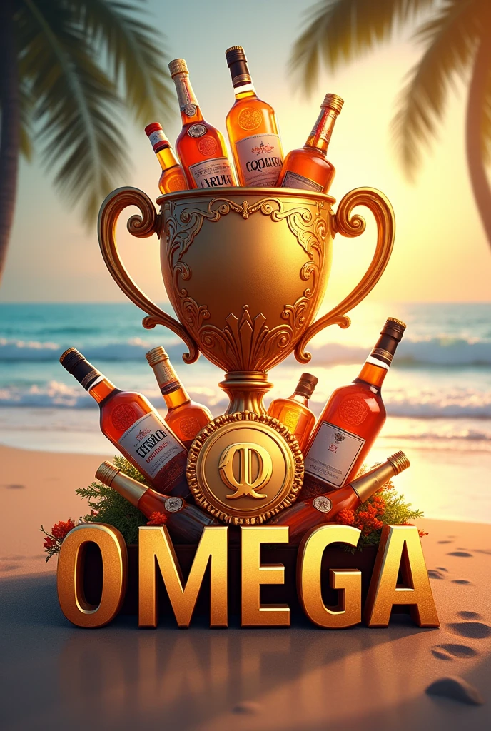 Make me a logo for a team called Omega. May you have a winner's cup filled with bottles of alcoholic beverages, a medal and that at the bottom is written OMEGA in large size and that in the background you can see the beach