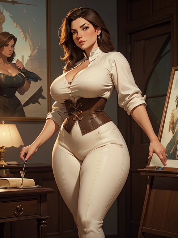 A beautiful woman with large elegant, hawk-like-nose, who embodies old fashioned class, sophistication, elgance as well as wholesome, natural beauty. curvy, chubby-waist, wide-hips, swaying-hips. In the combined styles of painters Greg Rutkowski, Thomas Kinkade