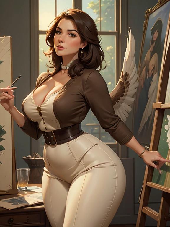 A beautiful woman with large elegant, hawk-like-nose, who embodies old fashioned class, sophistication, elgance as well as wholesome, natural beauty. curvy, chubby-waist, wide-hips, swaying-hips. In the combined styles of painters Greg Rutkowski, Thomas Kinkade
