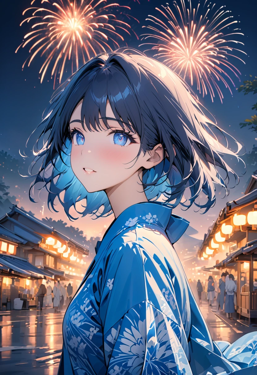 ((masterpiece, top quality, super clear, HD)), alone, beautiful girl, shining eyes, perfect blue eyes, short hair,18 years old, blue theme, yukata, fireworks