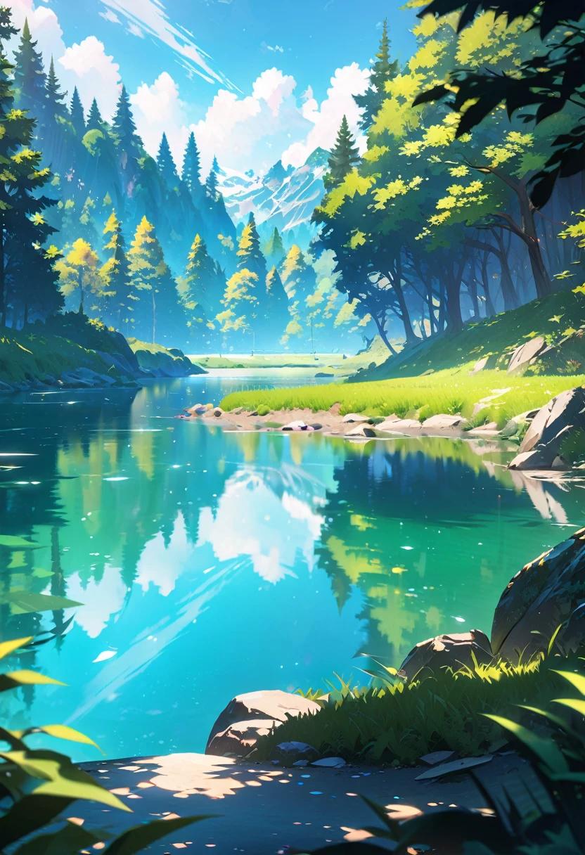 background only, masterpiece, best quality, high detail, unity 8k wallpaper, vivid colors, detailed high quality background, anime style, close shot, sunny day, forest with a lake, zoom-in, close shot