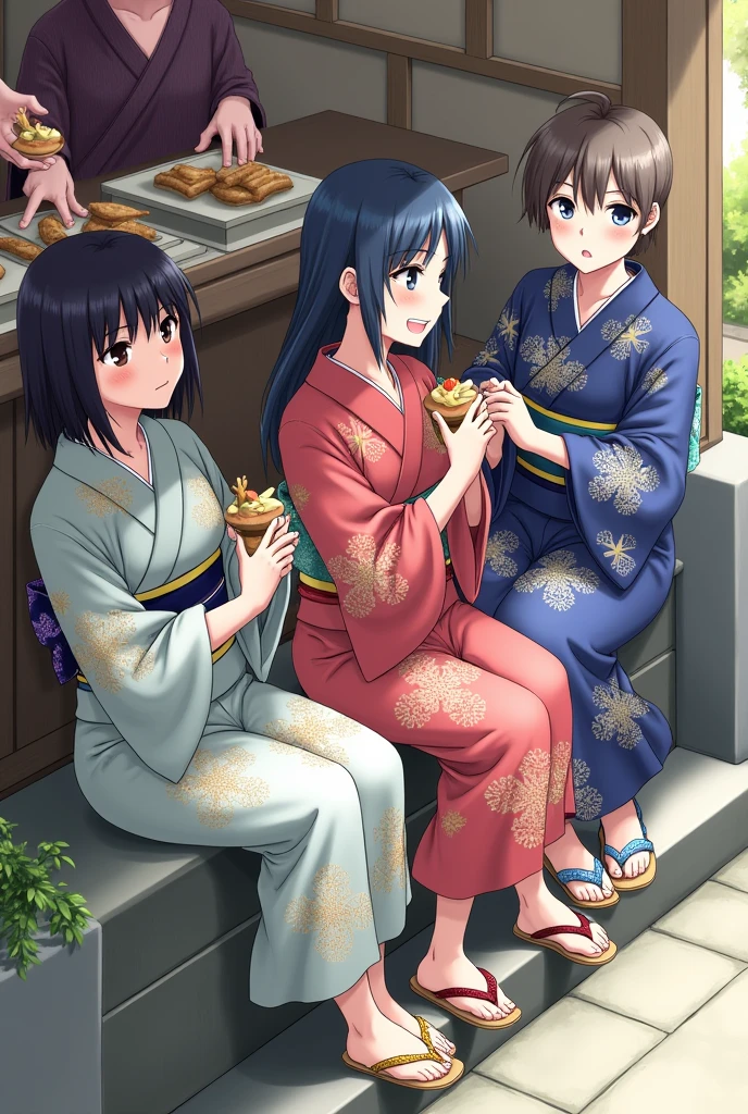 A group of five people in yukata sitting on stone steps, holding things they bought at a food stall, facing forward