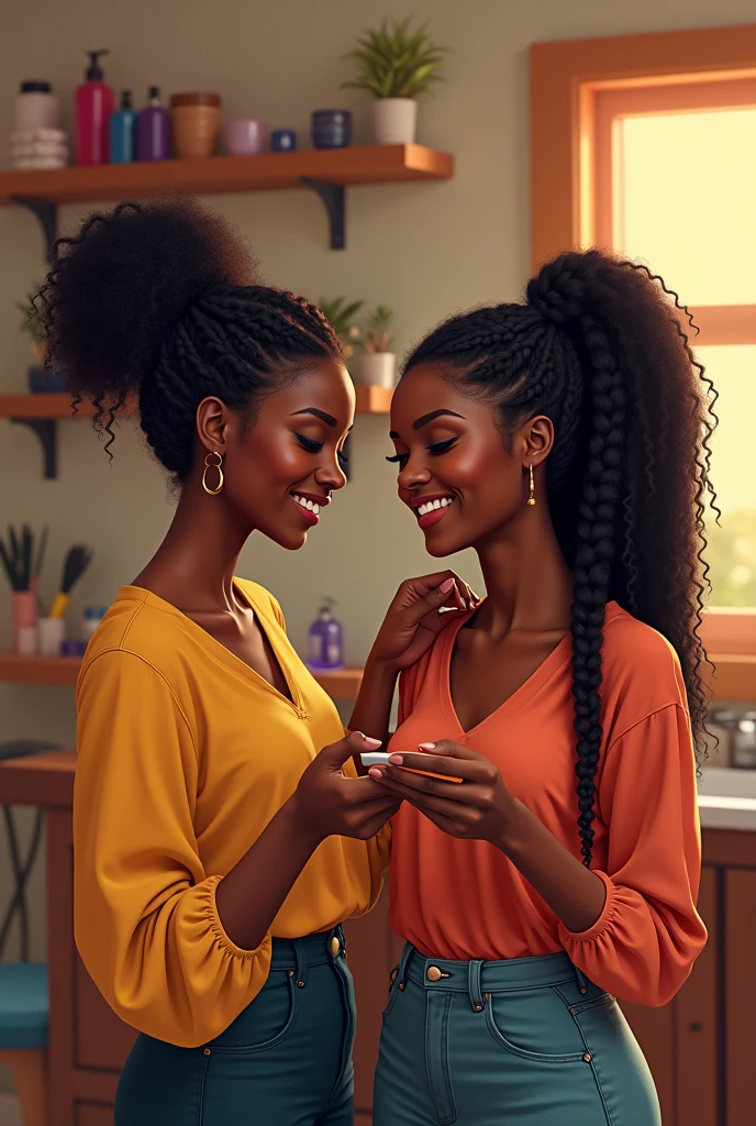 A black woman braiding another black woman in the salon they are happy 