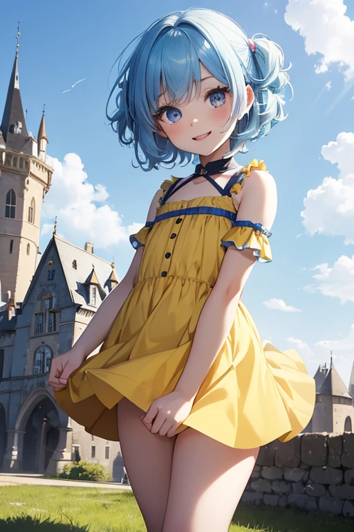 (Absurdres, best high quality)
{1character 8 years old girl}, pale, short thick messy blue hair, heterochromatic eyes, very thin lips, short body, flat chest, cute arms, cute legs, wearing yellow little dress, jumping, playing in the castle, beautiful kid, cute face, cheerful open smile, love, adorable, cheerful, innocent, pure