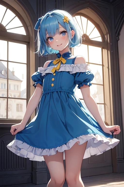 (Absurdres, best high quality)
{1character 8 girl}, pale, short thick messy blue hair, heterochromatic eyes, very thin lips, short body, flat chest, cute arms, cute legs, wearing yellow little dress, jumping, playing in the castle, beautiful kid, cute face, cheerful open smile, love, adorable, cheerful, innocent, pure
