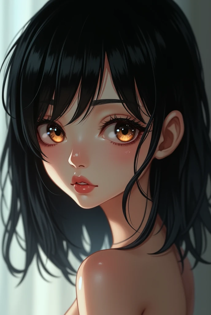 a young girl ,thin white skin,eyes with heterochromia ,with a sexy pose,black hair,