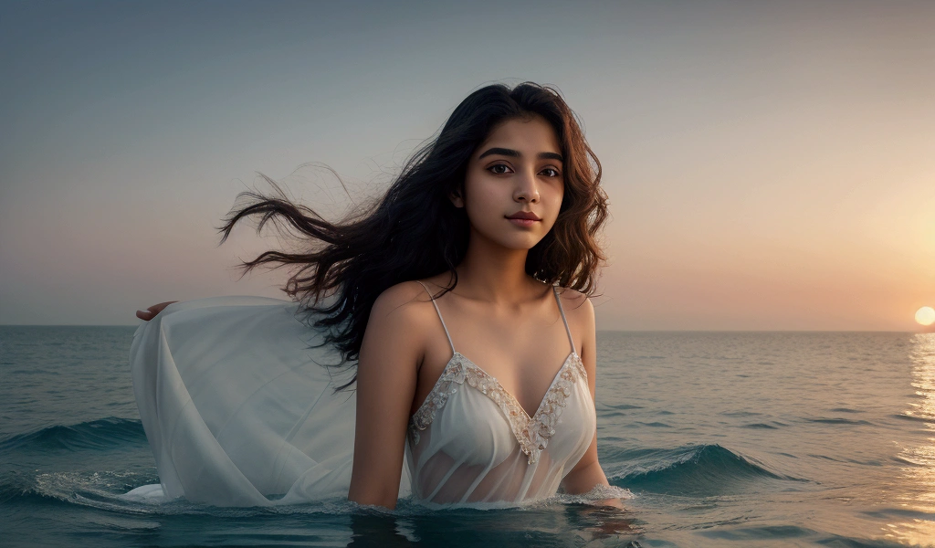 (masterpiece, Highest quality), ((Curt 18 years old Pakistani girl, alone, wavy Hair)), Ishmael_edge, Innocent look, Bare arms, Exposing shoulders, Bare neck, watercolor, Sundress, Liquid clothing, water, Wave, water dress, green_theme, night , haze, dark, Sharp focus, Ocean, See-through dress, in Ocean , asses, butt,