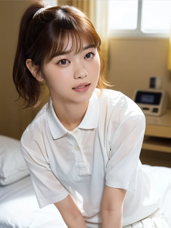 Masterpiece, Best quality, 8K:1.3), (Ultra realistic, Photo-realistic:1.2), From above, From side, Sitting on bed, (Seductive pose:1.2), Hands between legs, Natural light, 28 years old actress, Japanese women, Neat and clean, (Wearing white tennis uniform, White short-sleeve polo shirt:1.2), (unbutton polo shirt:1.3), (White tennis mini skirt:1.2), White sock, (Beautiful thighs:1.1), (ponytail:1.2), (Short wavy hair:1.1), Light brown hair color, (Beautiful Face), Oval face, clear, Beautiful eyes, Kind eyes, Bedroom eyes, (Clear skin), Natural makeup, Small face, Small mouth, Beautiful mouth, Approachable, Hotel Suite room, On bed, Seductive smile, Shy,