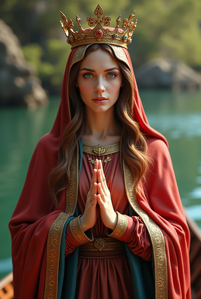 Perfect hand 5 finger, Portrait of a beautiful virgin mary wearing red clothes of crown queen in the boat, virgin mary, real blue eyes, sunny day, intricate details.real virgin mary, straight head face, Straight body.Prayer jesus, perfect full body,  perfect hands finger,Prayer virgin mary, praying virgin mary backgrounds natural photographic